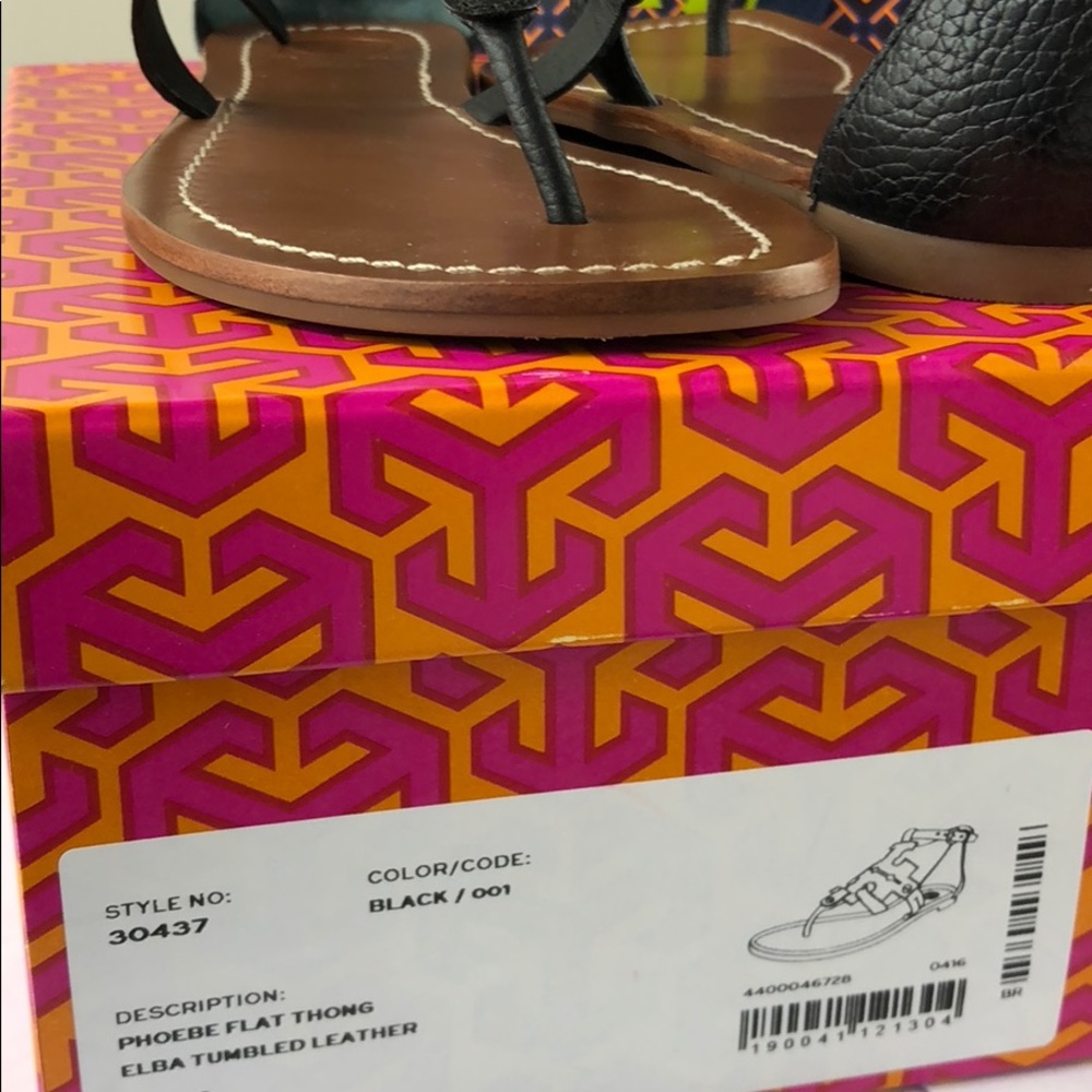 Tory Burch Phoebe Flat Thong Sandals Black Logo - Picture 8 of 8